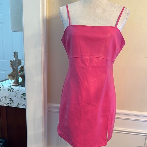 Miss Selfridge Faux Leather Vibrant Pink Spaghetti Strap Dress - Picture 1 of 8